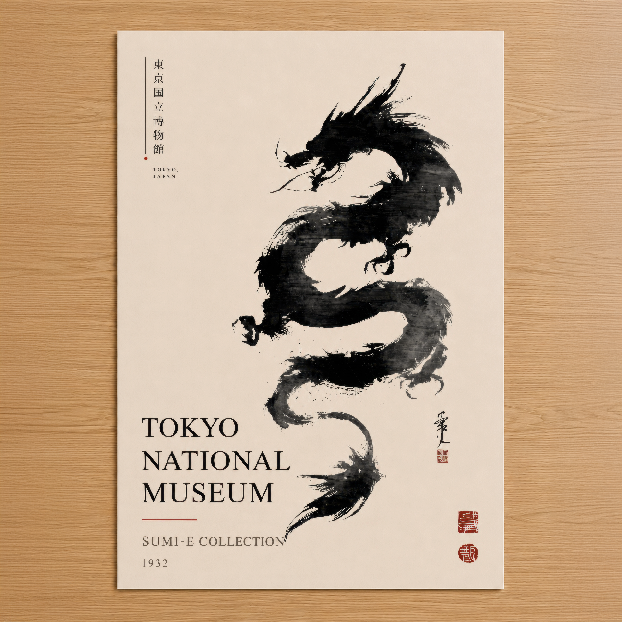 Tokyo National Museum Sumi-E koleksiyonundan, 1932'den klasik siyah ejderha motifi içeren müze posteri.