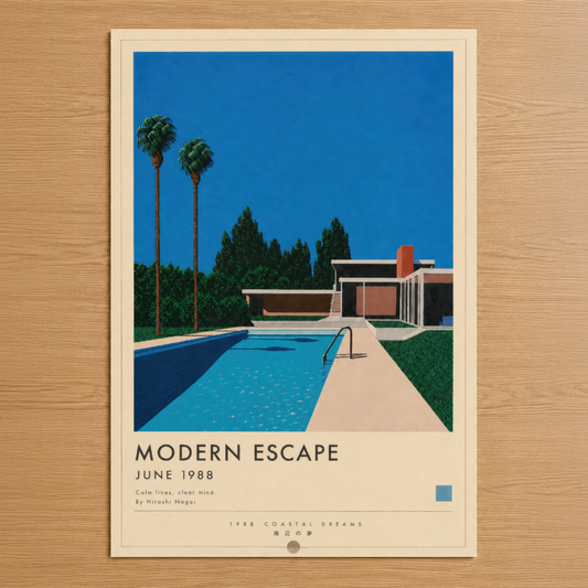 Retro tasarımlı Modern Escape posteri, turkuaz havuzlu 1988 mimarı villa sahnesi ve açık mavi gökyüzü.