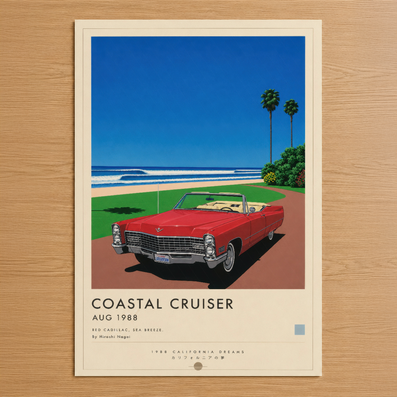 Kırmızı klasik Cadillac'ın ön planda sergilendiği, retro stil California sahil sahnesi tablosu.