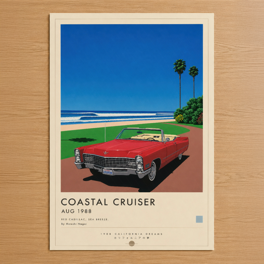 Kırmızı klasik Cadillac'ın ön planda sergilendiği, retro stil California sahil sahnesi tablosu.