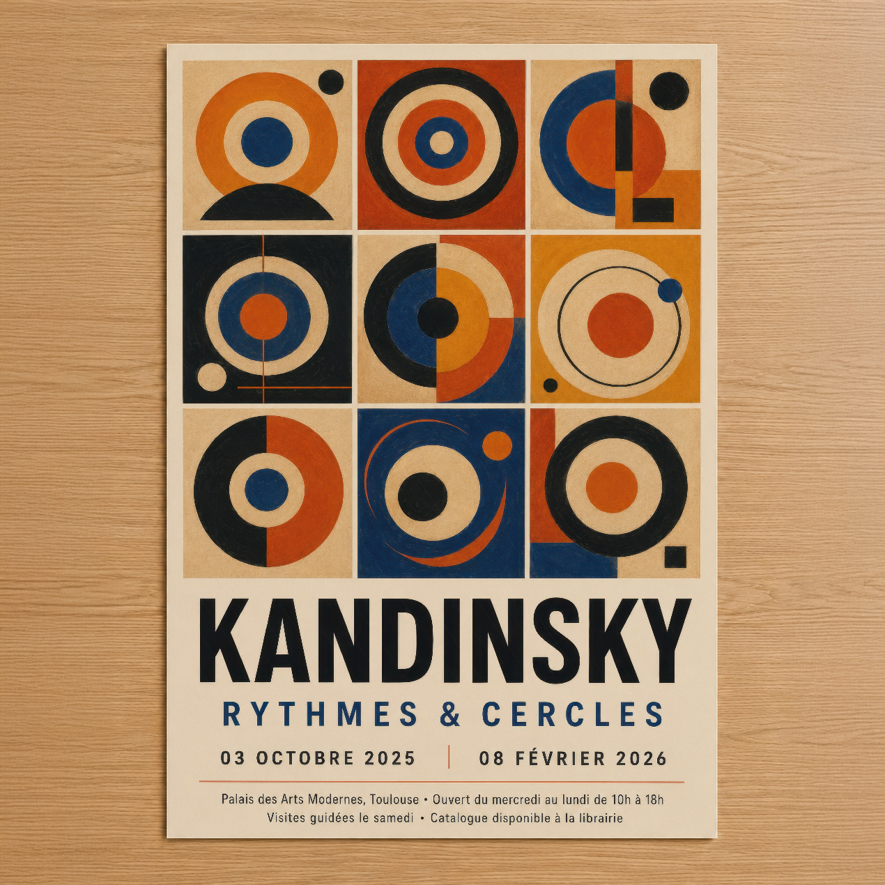 Kandinsky'nin ikonik Ritmler ve Çemberler tasarımı, turuncu, mavi ve siyah geometrik formlarla soyut sanat tablosu.