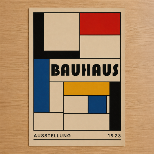 Bauhaus 1923 sergisi afişi, soyut geometrik tasarımda kırmızı, mavi, sarı ve siyah renklerle modern sanat tablosu