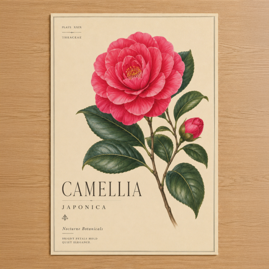 Vintage botanik tarzında pembe kamelya çiçeği tablosu, klasik sanat baskısı.