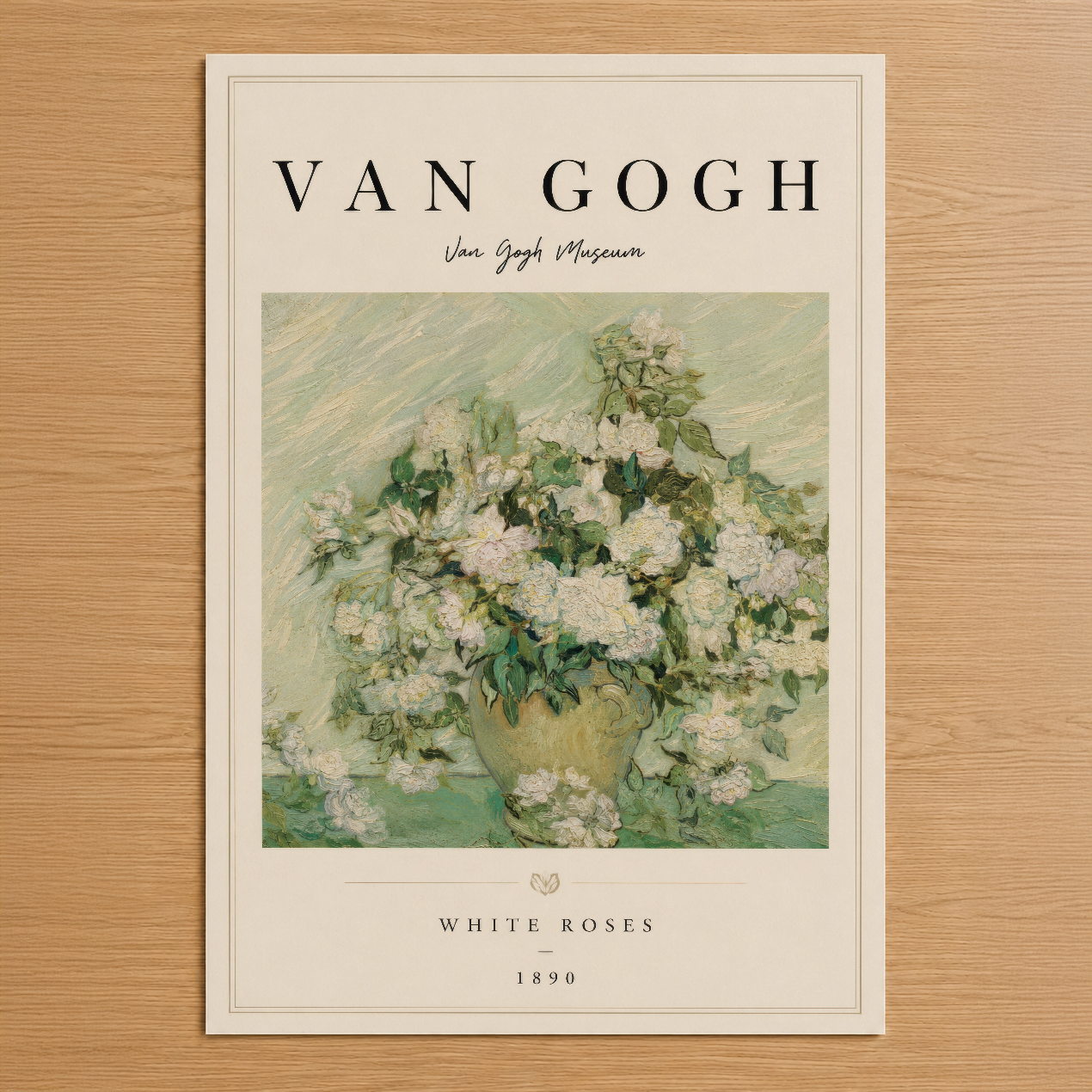 Van Gogh Beyaz Güller 1890, krem tonlarında şık müze posteri, sanat severler için klasik dekor.