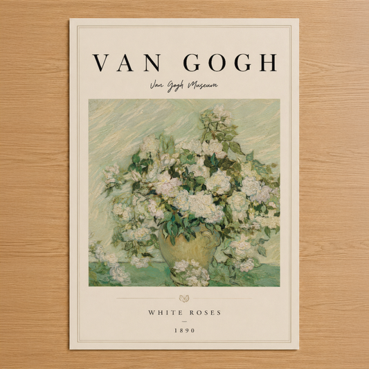 Van Gogh Beyaz Güller 1890, krem tonlarında şık müze posteri, sanat severler için klasik dekor.