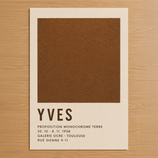 Yves Klein'dan ilham alan minimalist poster, toprak tonunda monokrom kare tasarım ve 1958 Toulouse sergisi detaylarıyla.