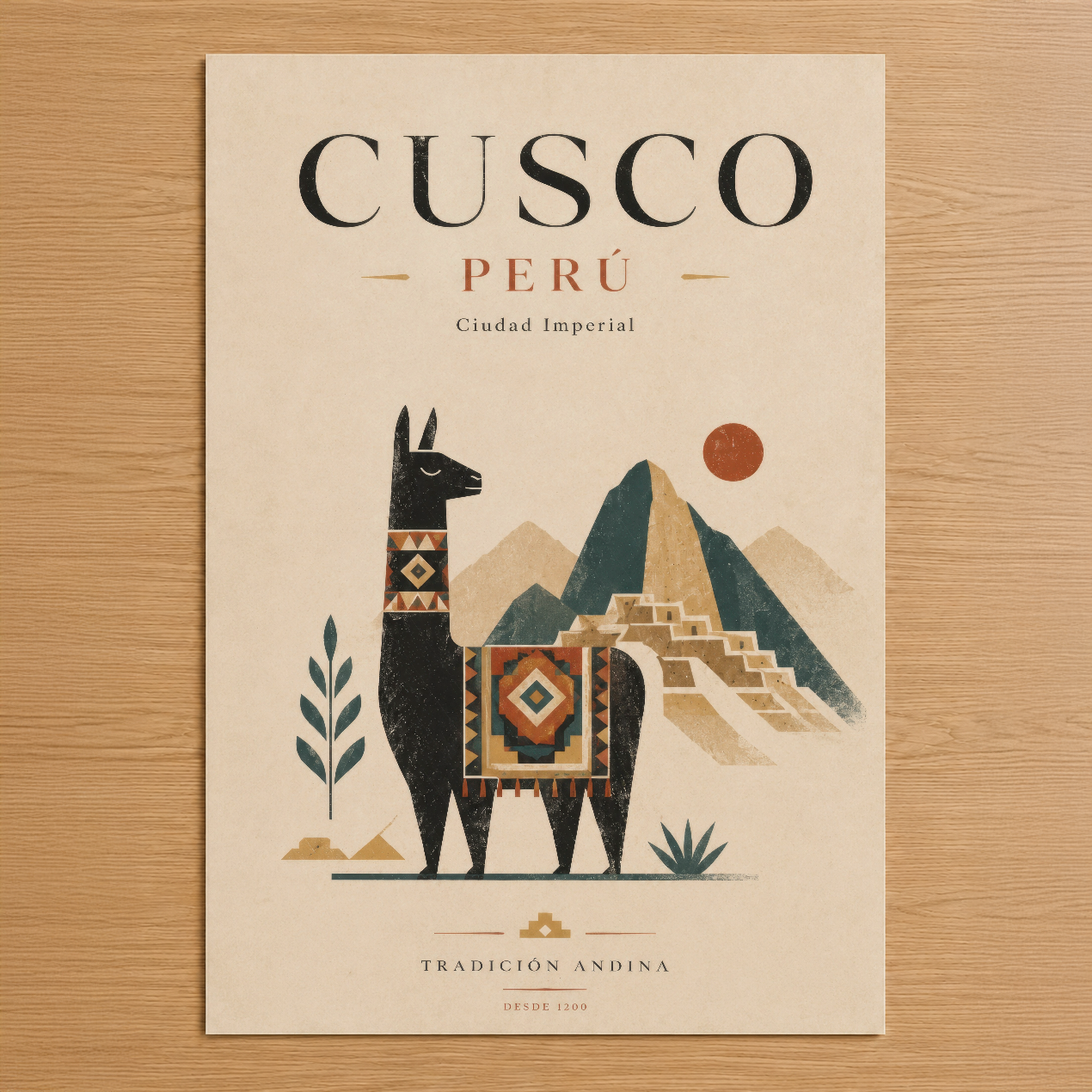 Cusco Perú tasarımı, andean lama ve Machu Picchu motifleri ile nostaljik seyahat stilinde duvar tablosu.