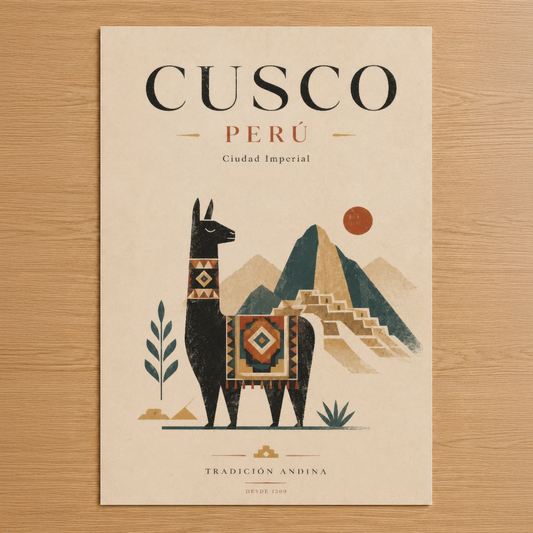 Cusco Perú tasarımı, andean lama ve Machu Picchu motifleri ile nostaljik seyahat stilinde duvar tablosu.