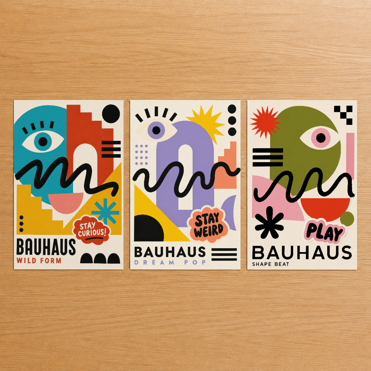 Bauhaus stilinde renkli soyut portreler, geometrik şekiller ve canlı renklerle tasarlanmış üç parçalı sanat tablosu seti.