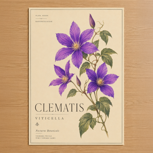 Clematis Viticella botanik tablosu, zarif mor çiçekleriyle klasik sanat baskısı.