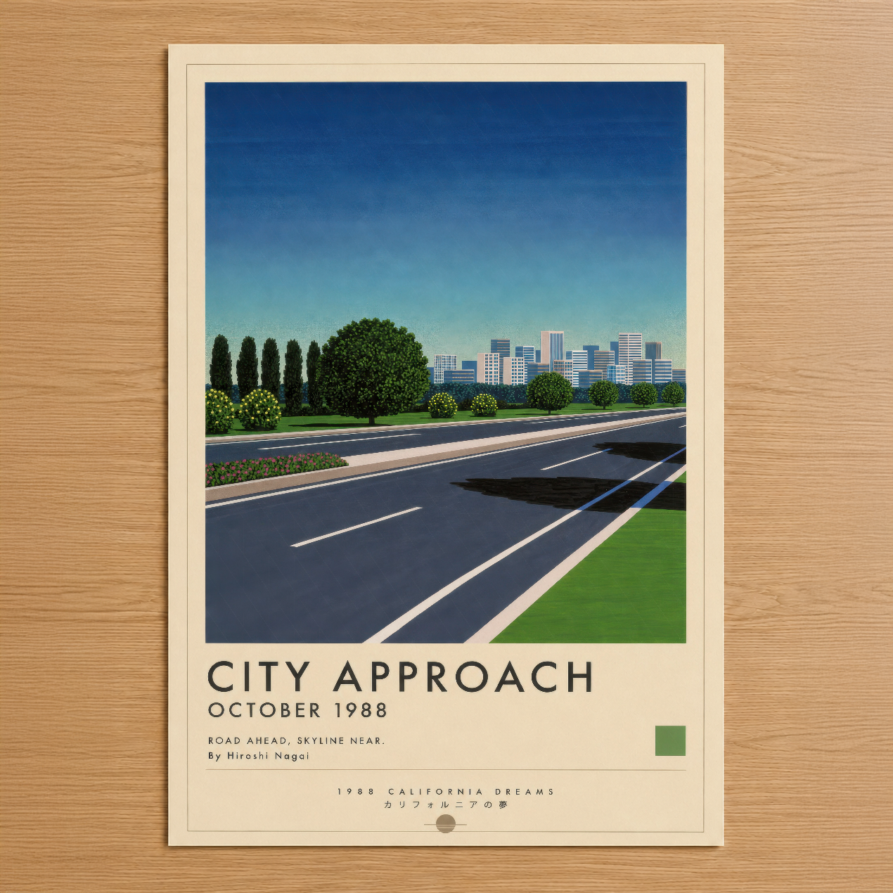 1988 California Dreams temalı City Approach posteri, geniş otoyol, yeşil alanlar ve şehir silueti ile minimalist tasarım