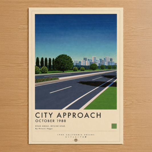1988 California Dreams temalı City Approach posteri, geniş otoyol, yeşil alanlar ve şehir silueti ile minimalist tasarım