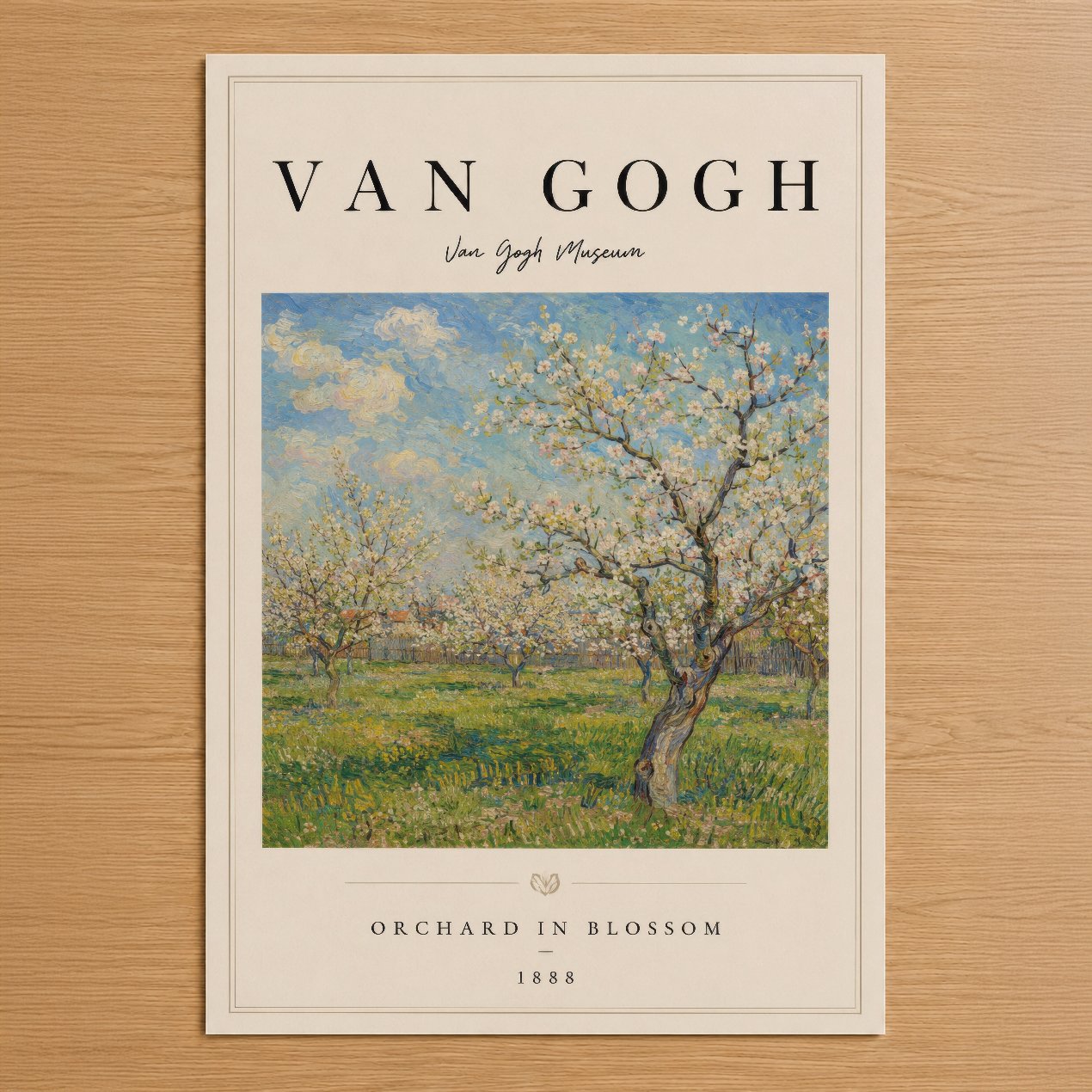 Van Gogh'un 1888 tarihli çiçek açan bahçe sahnesi, pastel tonlarında manzara posteri, klasik müze koleksiyonu.