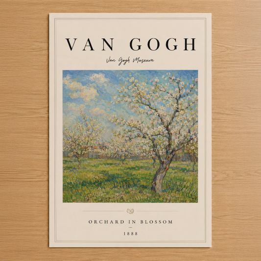 Van Gogh'un 1888 tarihli çiçek açan bahçe sahnesi, pastel tonlarında manzara posteri, klasik müze koleksiyonu.