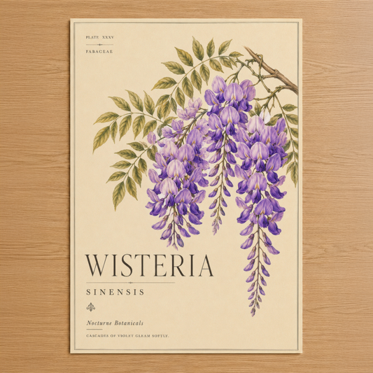 Wisteria Sinensis botanik tablosu, mor çiçeklerin şelale gibi sarkan yapısını zarif çizgi ve detaylarla gösteren klasik sanat
