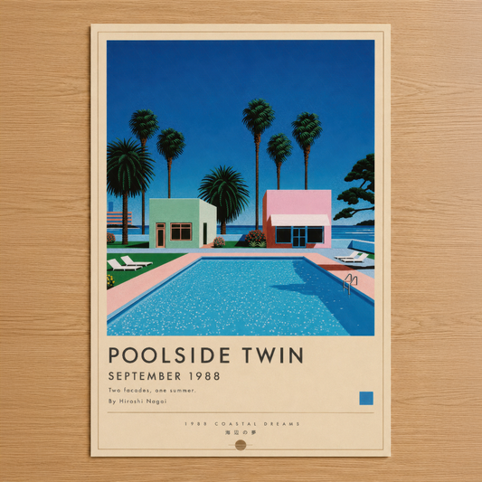 Poolside Twin posteri, 1988 yılı vintage tasarım, tropikal palmiye ağaçları ve şeffaf mavi havuz ile minimalist mimari.