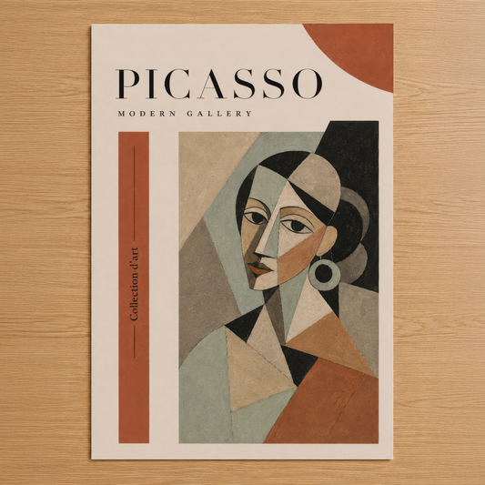 Picasso Modern Gallery tablosu, geometrik yüz portresi tasarımı, terrakota ve nötr tonlarıyla odanızı sanatsal bir dokunuşla