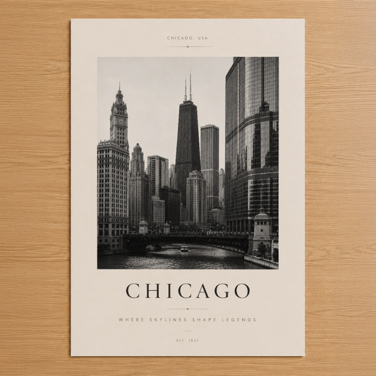 Chicago şehrinin ikonik gökdelenlerini siyah-beyaz fotoğrafik tarzda sunan minimalist duvar posteri.