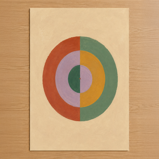 Retro geometrik tasarımlı duvar tablosu, orang, yeşil, sarı ve lavanta renklerinde iç içe daireler motifiyle modern