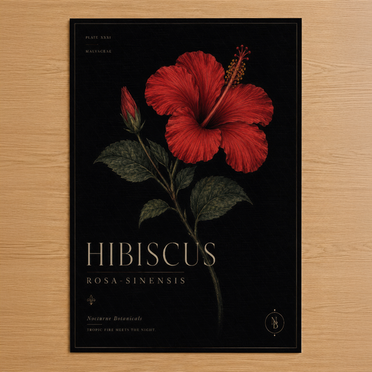 Botanik tarzında, siyah zemin üzerine canlı kırmızı hibiskus çiçeği ve detaylı yapraklarıyla sanat tablosu.