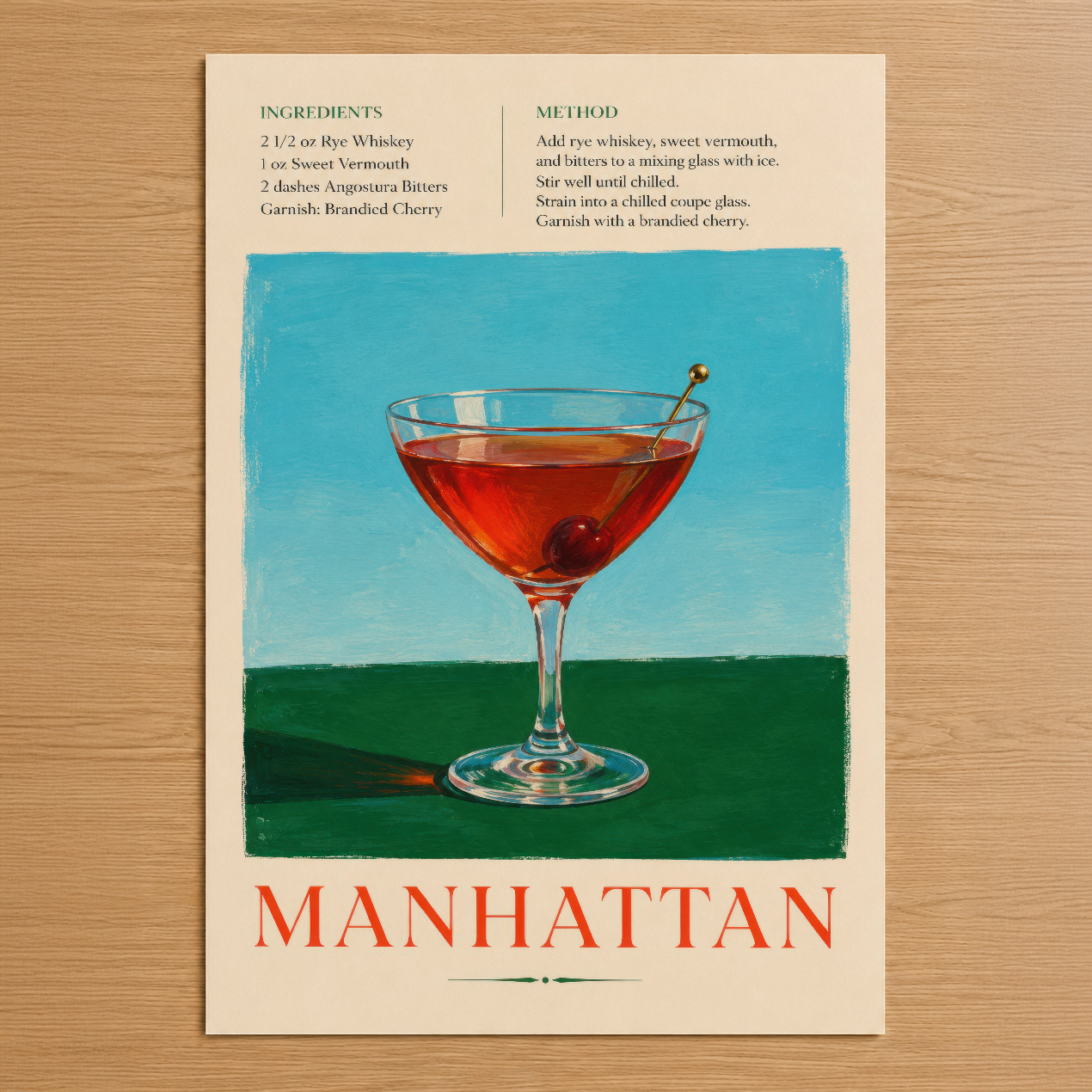 Manhattan kokteli resepli vintage tarzı duvar tablosu, canlı mavi ve yeşil arka planda zarif kırmızı içki.