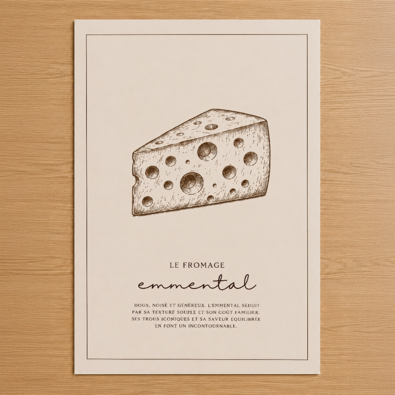 Vintage peynir illüstrasyonlu poster, klasik çizim tarzında Le Fromage Emmental yazısıyla.