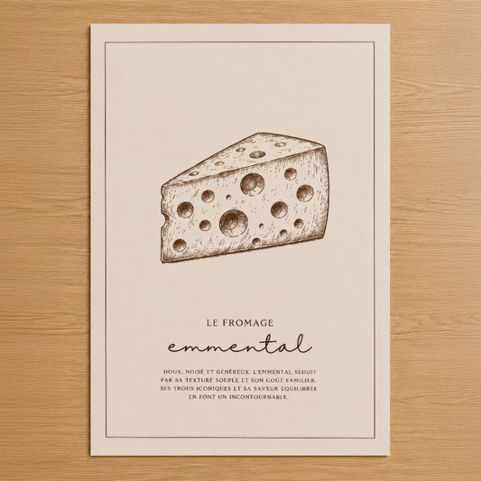 Vintage peynir illüstrasyonlu poster, klasik çizim tarzında Le Fromage Emmental yazısıyla.