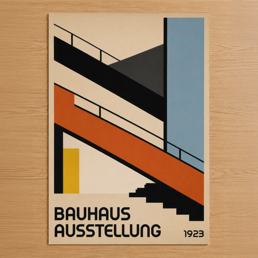 1923 Bauhaus Ausstellung tasarımı, geometrik siyah, turuncu ve sarı şeritlerle modernist mimar posterinin sanat baskısı.