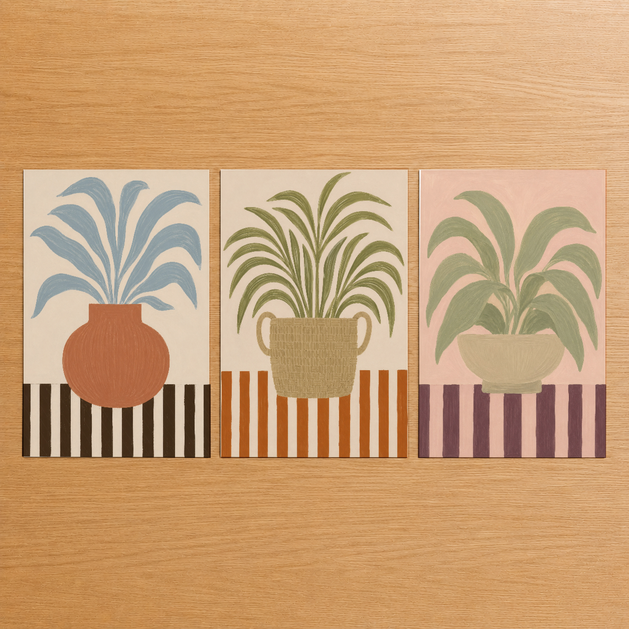 Art deco tarzında üç panel poster, renkli saksılarda stilize bitkiler ve şeritli tabanlar içeren retro botanik koleksiyonu