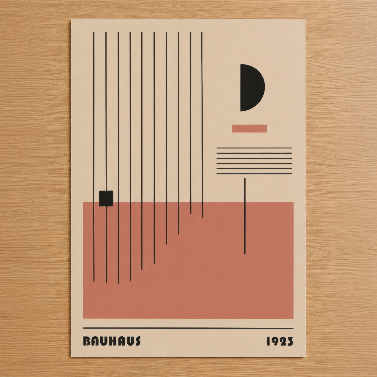 Bauhaus tarzı 1923 tasarım: geometrik şekiller, mercan pembe ve siyah renkleriyle minimalist sanat eseri.