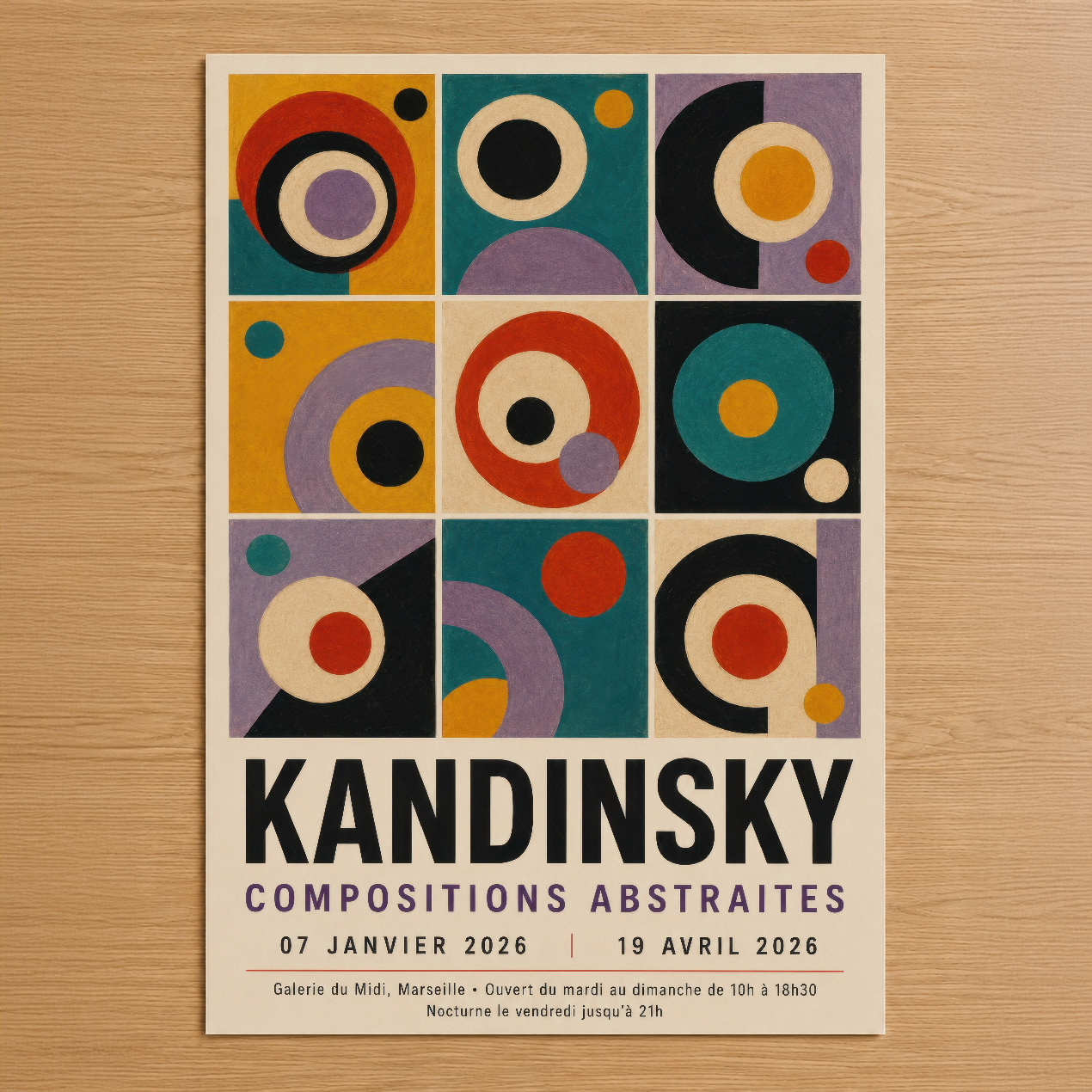 Kandinsky soyut sanat stili poster, renkli geometrik daireler ve şekillerin 3x3 grid kompozisyonu.