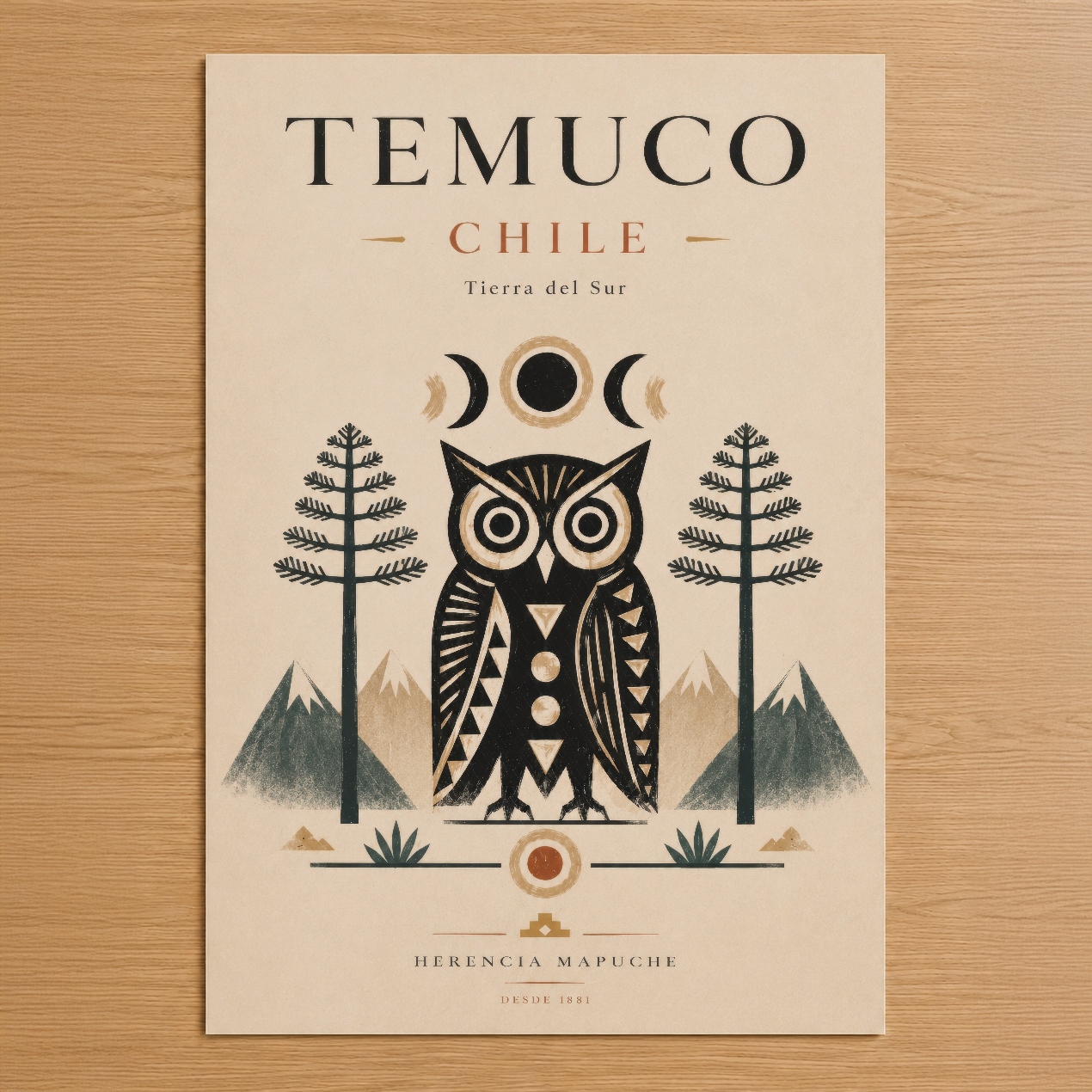 Temuco Chile posteri, ay döngüsü ve baykuş tasarımıyla Mapuçe mitolosisinden ilham alan sanat tablosu.