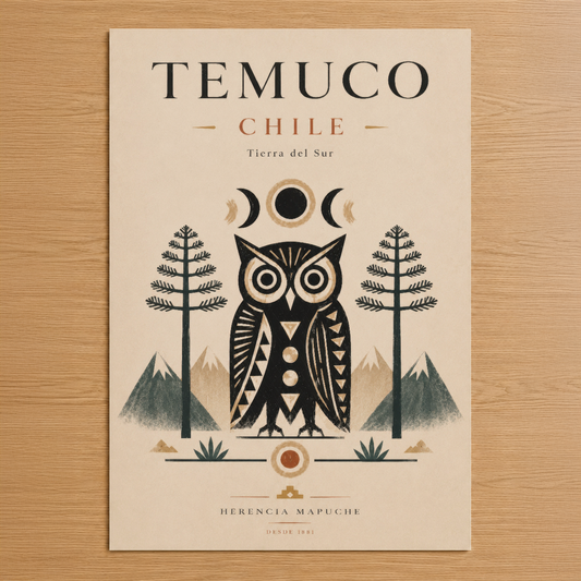 Temuco Chile posteri, ay döngüsü ve baykuş tasarımıyla Mapuçe mitolosisinden ilham alan sanat tablosu.