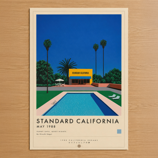 1988 California Dreams temalı vintage poster, parlak mavi gökyüzü, havuz ve sarı retro yapı tasarımıyla nostalojik estetik.