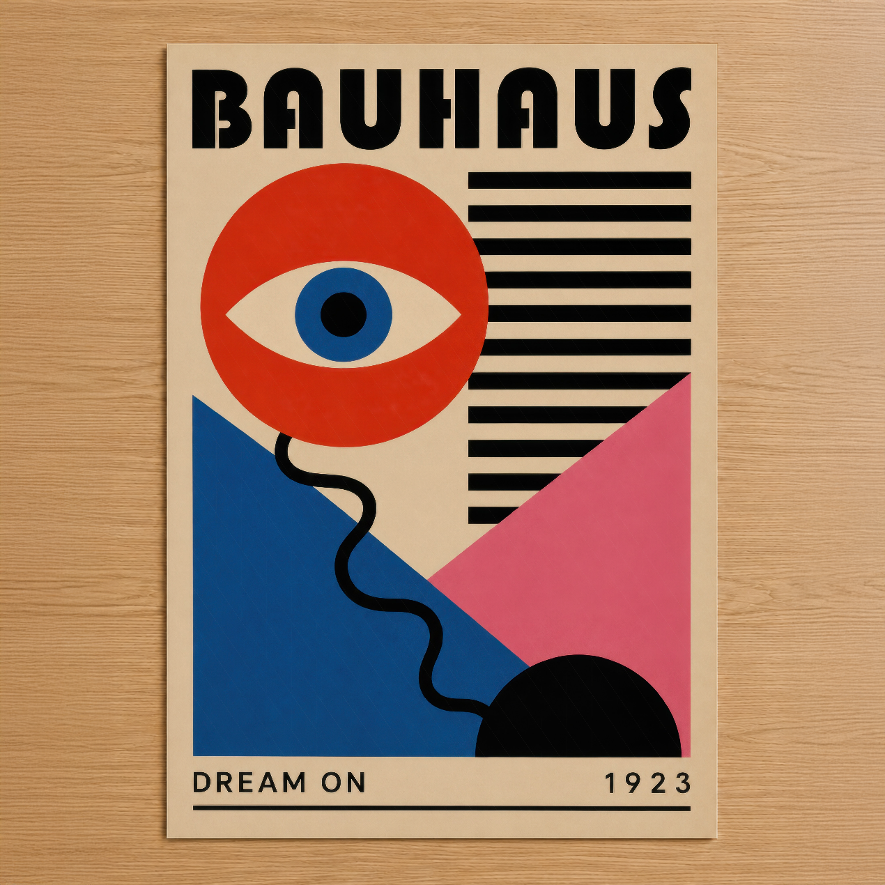 Bauhaus tarzında soyut tasarım, kırmızı daire içinde mavi göz, geometrik şekiller ve 1923 tarih, minimalist sanat posteri