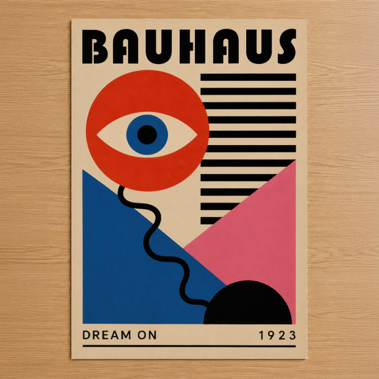 Bauhaus tarzında soyut tasarım, kırmızı daire içinde mavi göz, geometrik şekiller ve 1923 tarih, minimalist sanat posteri