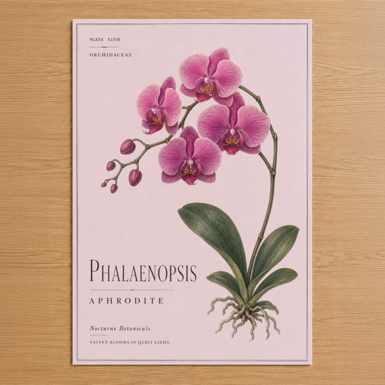 Phalaenopsis Aphrodite botanik tablosu, pembe orkideler ve yeşil yapraklarıyla zarif bir baskı tasarımı.