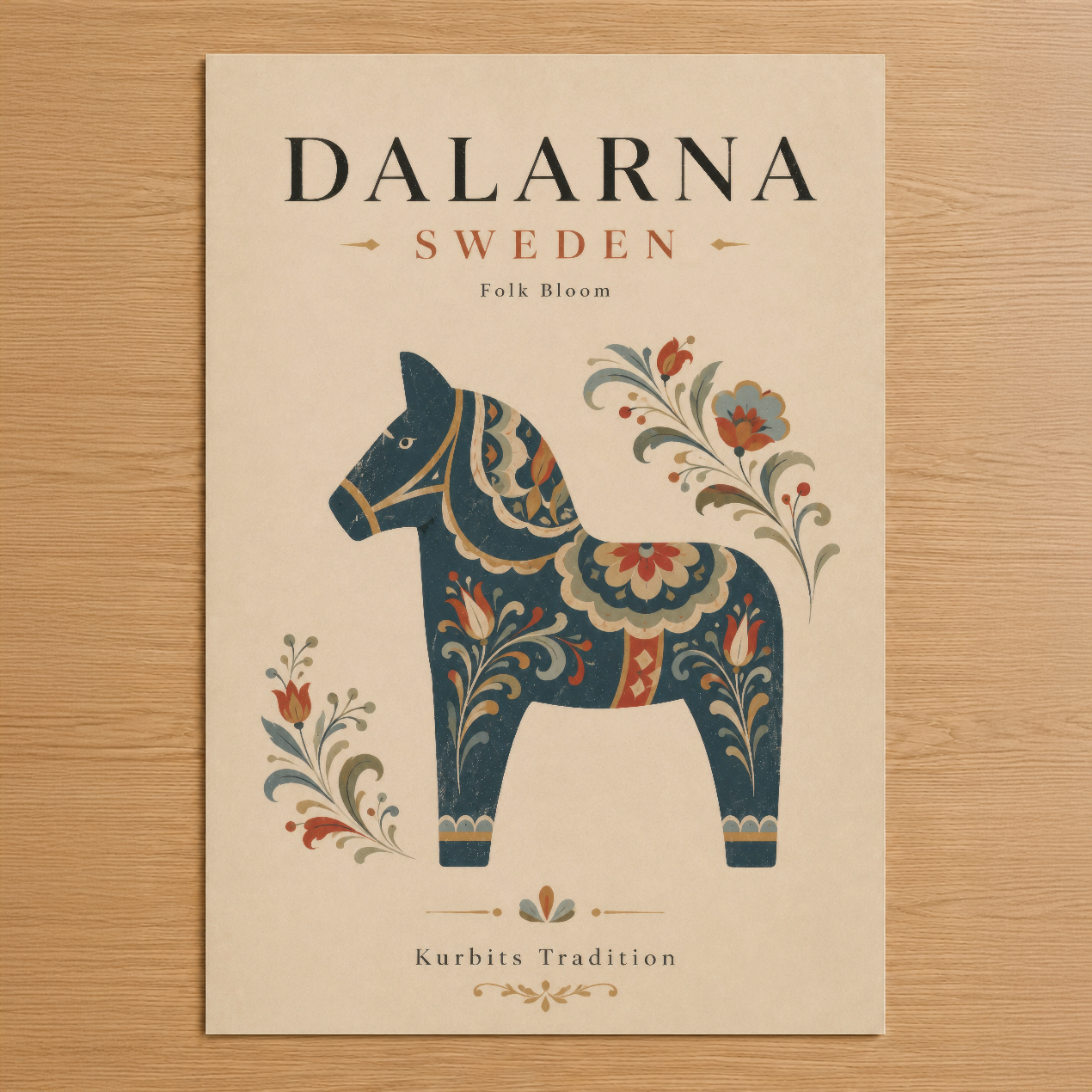İsveç'in efsanevi Dalarna atı, folk sanat stilinde çiçek ve geometrik desenlerle bezenmiş kumaş tablosu.
