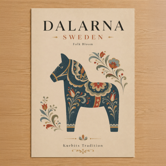 İsveç'in efsanevi Dalarna atı, folk sanat stilinde çiçek ve geometrik desenlerle bezenmiş kumaş tablosu.
