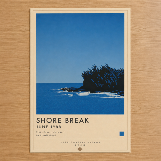 Shore Break tasarımı, mavi deniz ve siyah kayalı kostral sahnesi sunan minimalist sanat tablosu.