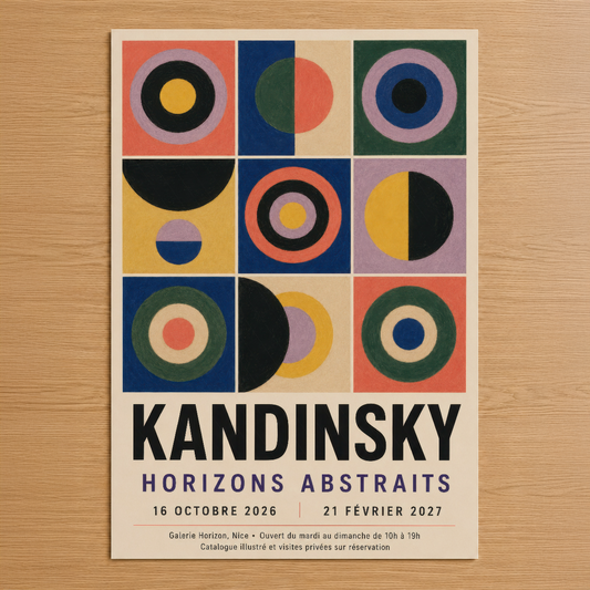 Kandinsky'nin geometrik soyut tasarımı, canlı renkler ve daire motiflerinden oluşan dokuz bölümlü composizione.