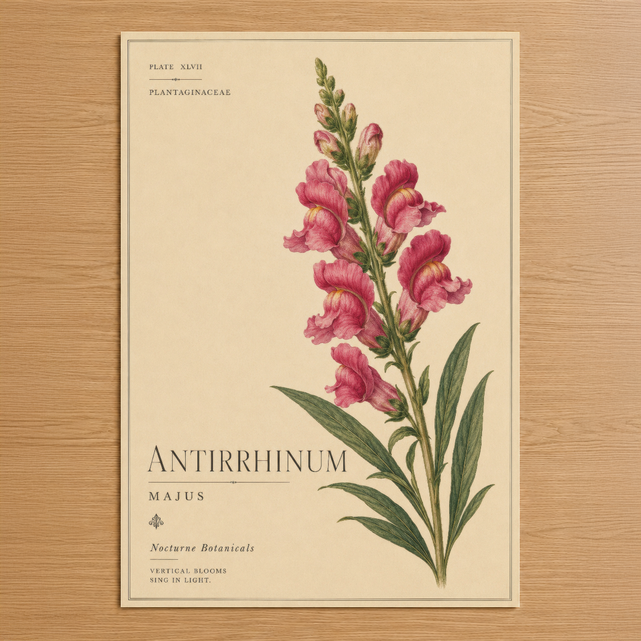 Antirrhinum Majus botanik tablosu, pastel pembe çiçekleriyle zarif bir sanat eseri, Nocturne Botanicals koleksiyonundan.
