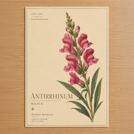 Antirrhinum Majus botanik tablosu, pastel pembe çiçekleriyle zarif bir sanat eseri, Nocturne Botanicals koleksiyonundan.