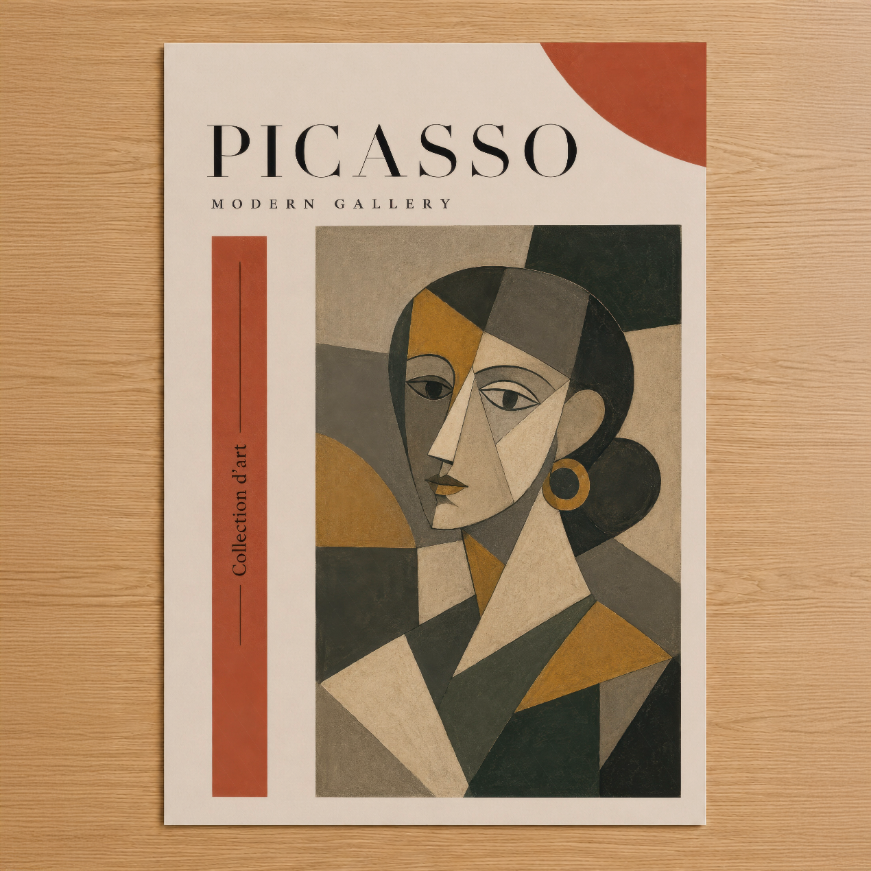 Picasso Modern Gallery posteri, geometrik yüz tasarımı, terrakotta ve nötr tonlar, sanat baskısı.