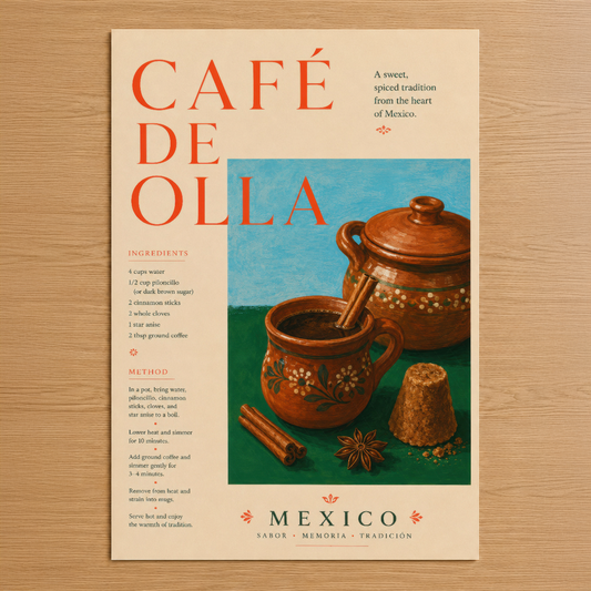 Café de Olla, Meksika'nın geleneksel kahvesini tarif ve resepte sunan vintage stil duvar tablosu.