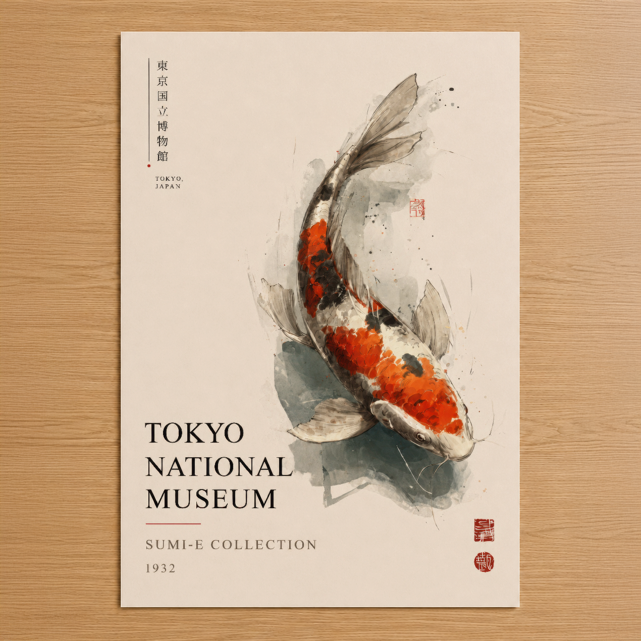 Japon sanat tarzında koi balığı tasarımı, Tokyo Müzesi koleksiyonundan esinlenen şık poster.
