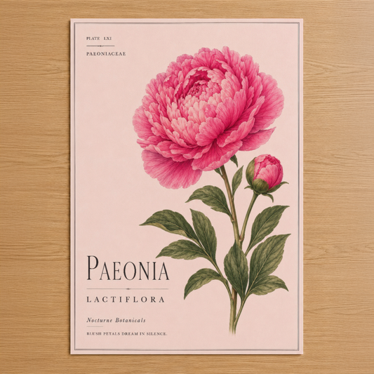 Botanik tarzı pembe peonya tablosu, klasik gravür sanatı stilinde, vintage bilimsel çiçek illüstrasyonu.