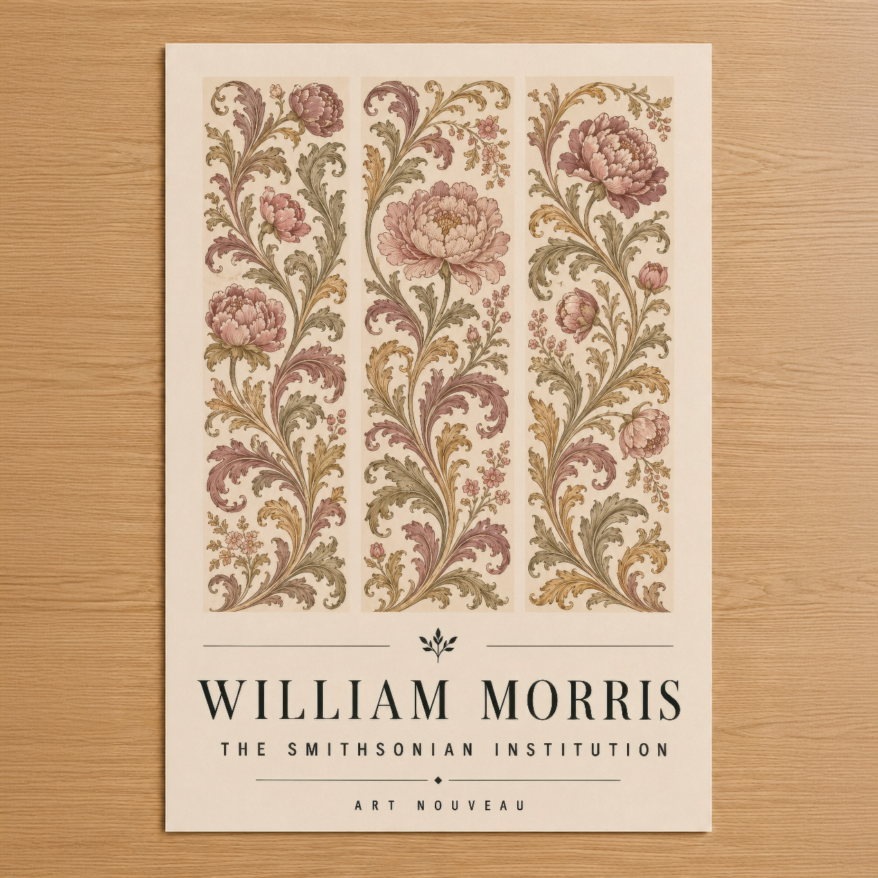 William Morris tasarımlı Art Nouveau tarzı poster, pembe peoniler ve altın detaylı yapraklarla süslü üç dikey şeritle.