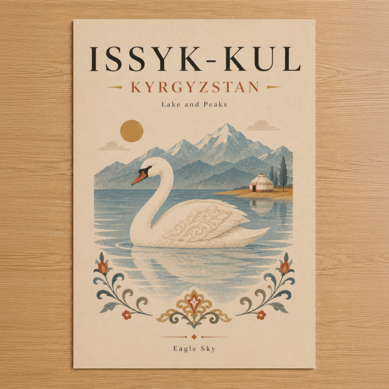 Issyk-Kul Kırgızistan tablosu; şeffaf suya yüzen beyaz kuğu, dağ manzarası ve dekoratif çiçek motifli retro tasarım.