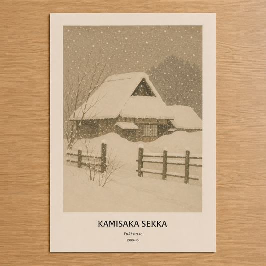 Kamisaka Sekka'nın klasik Japon sanatından uyarlanan kar yağışlı kır evi tablosu, sepia tonlarında nostaljik bir kış